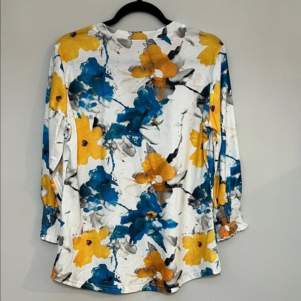LOMON Women’s Floral Print Blue & YellowTop 3/4 Sleeves V-Neck - Picture 6 of 6